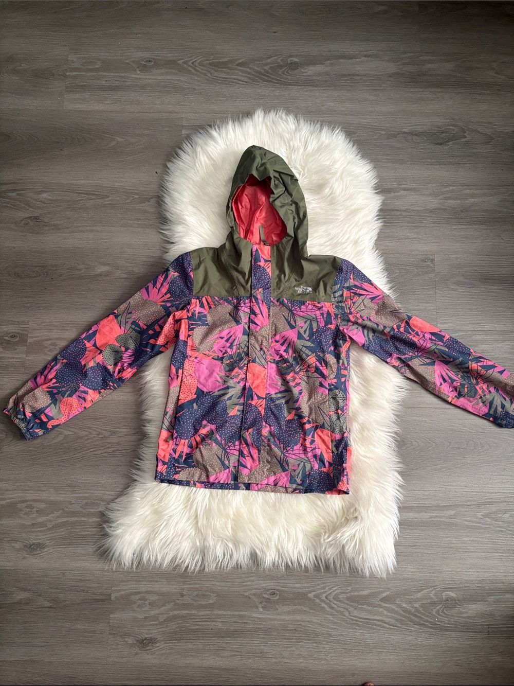The North Face Girls' Floral Hooded Raincoat - Pink & Olive